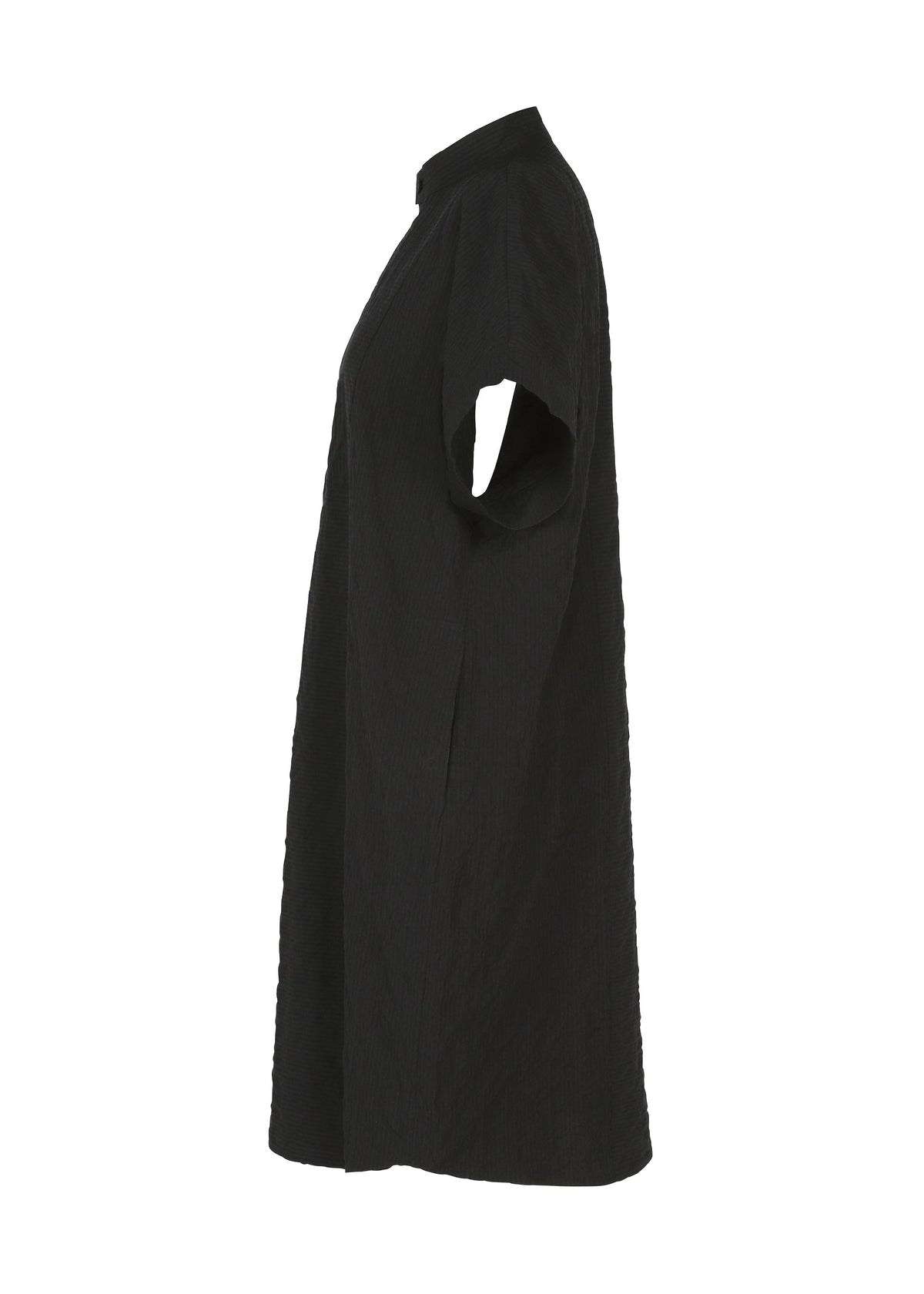 A side view of the HaaT RIPPLE STRIPE dress is shown against a white background. This black, knee-length seersucker tunic features short sleeves, a simple loose fit, and a subtly textured fabric. view 4 of 8