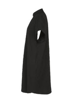 A side view of the HaaT RIPPLE STRIPE dress is shown against a white background. This black, knee-length seersucker tunic features short sleeves, a simple loose fit, and a subtly textured fabric.