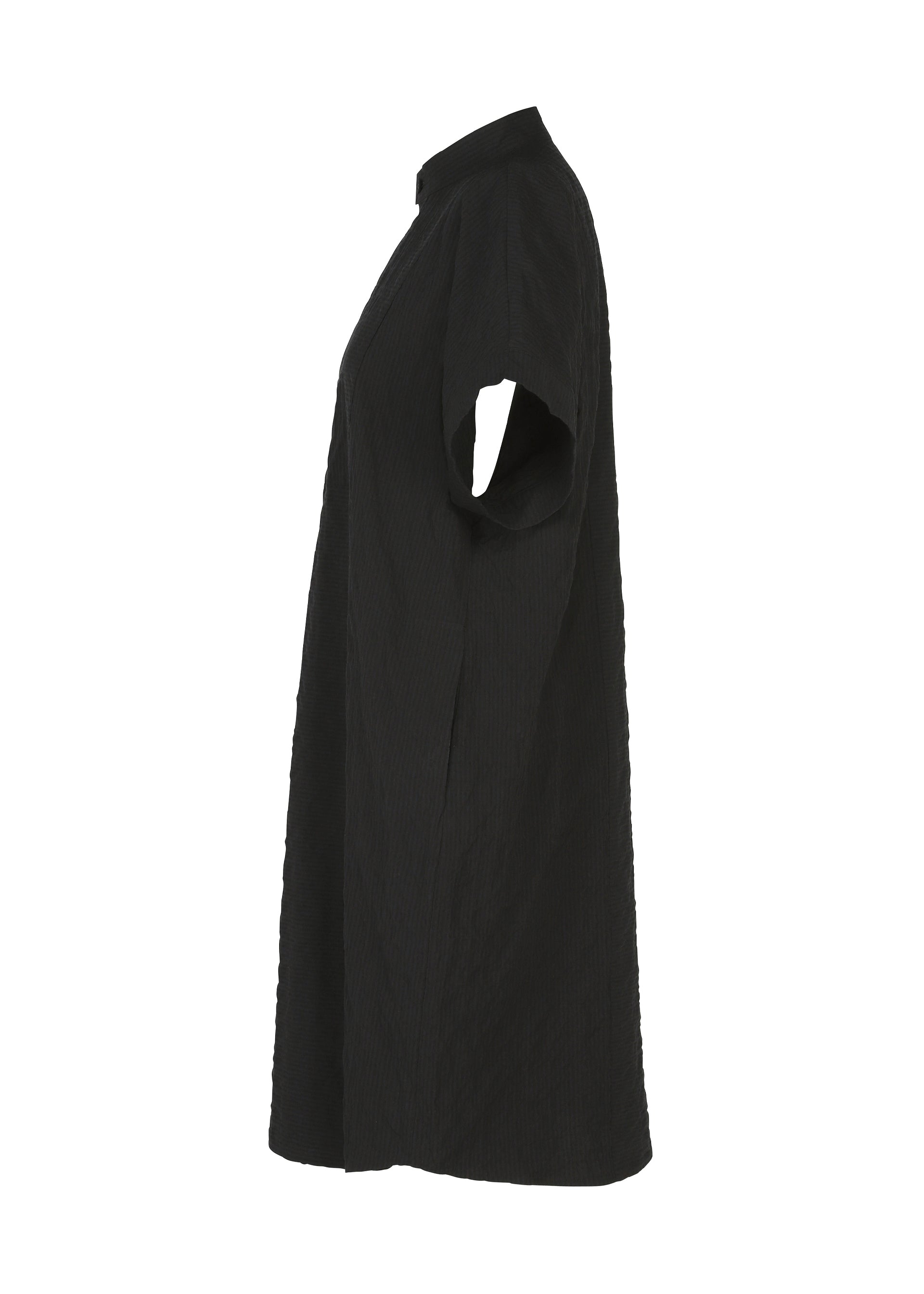 Zoomed view A side view of the HaaT RIPPLE STRIPE dress is shown against a white background. This black, knee-length seersucker tunic features short sleeves, a simple loose fit, and a subtly textured fabric.