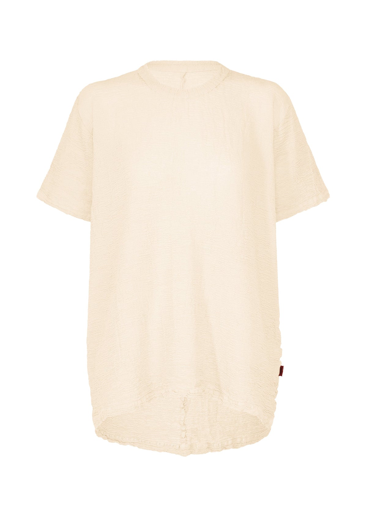 HaaT’s KYO CHIJIMI 2WAY: A beige, short-sleeve textured shirt featuring a round neckline and a slightly longer back hem, crafted in the style of a tunic with garment dyeing techniques, displayed on a white background. view 1 of 8