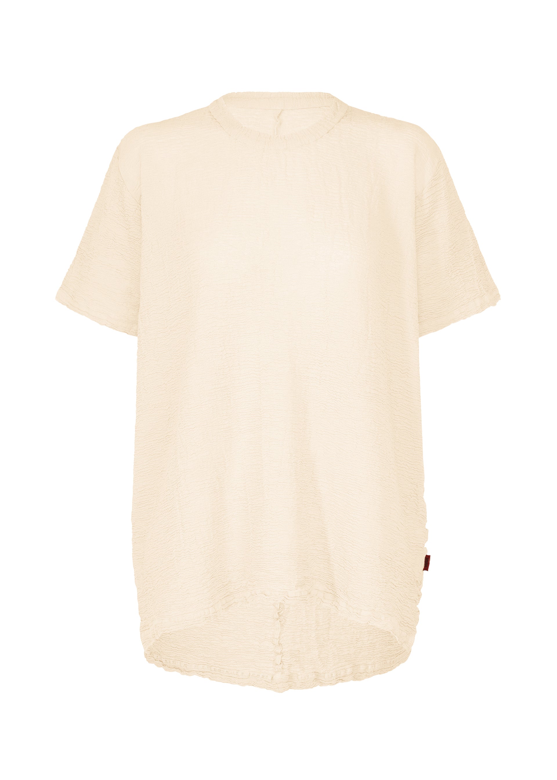 Zoomed view HaaT’s KYO CHIJIMI 2WAY: A beige, short-sleeve textured shirt featuring a round neckline and a slightly longer back hem, crafted in the style of a tunic with garment dyeing techniques, displayed on a white background. - IVORY （no.03）