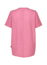 The HaaT KYO CHIJIMI 2WAY is a loose-fitting, short-sleeve pink textured shirt shown from the back, featuring a visible central seam running vertically down the middle; this tunic offers subtle garment dyeing for unique color depth and texture.