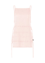 The HaaT KYO CHIJIMI TSUCHIKABE is a light pink apron-style top with thin straps, a square neckline, side waist ties, and subtle ruffles. Made from ultra-fine cotton, its crepe-like textured fabric offers comfort and easy adjustment. - LIGHT PINK （no.20）