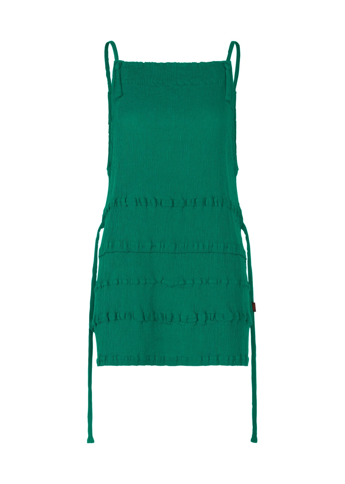 The HaaT KYO CHIJIMI TSUCHIKABE is a sleeveless green apron-style top featuring a square neckline, adjustable straps, side ties, ruffle details, and a crinkled crepe-like ultra-fine cotton texture. view 3 of 10