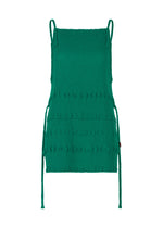 The HaaT KYO CHIJIMI TSUCHIKABE is a sleeveless green apron-style top featuring a square neckline, adjustable straps, side ties, ruffle details, and a crinkled crepe-like ultra-fine cotton texture. - GREEN （no.62）