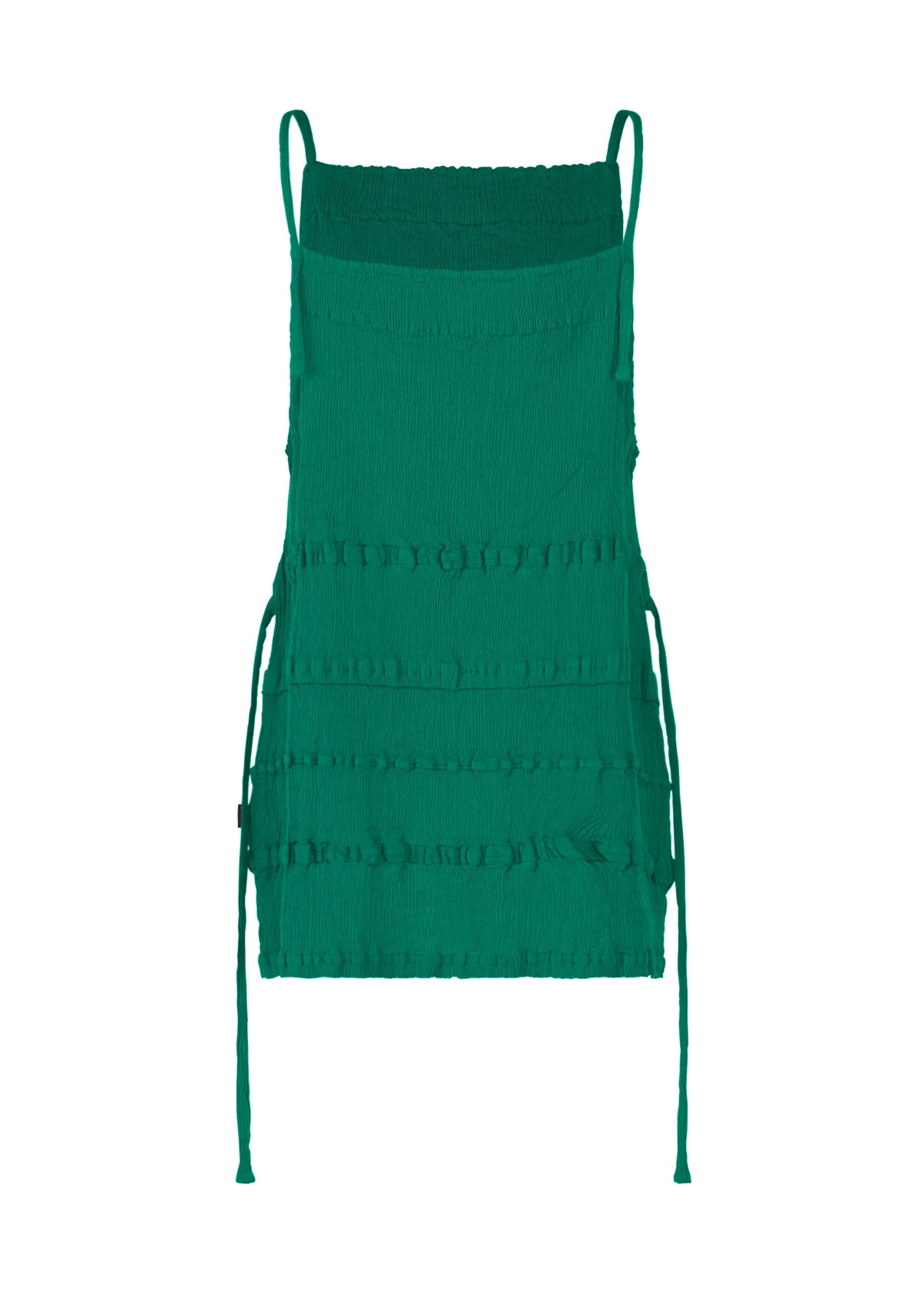 The KYO CHIJIMI TSUCHIKABE by HaaT is a green, sleeveless apron-style top with thin straps, side ties, and a square neckline. Made from ultra-fine textured cotton for a crepe-like feel, it is shown against a white background. view 4 of 10