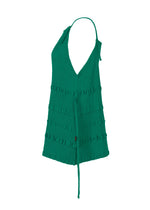 The KYO CHIJIMI TSUCHIKABE by HaaT is a green sleeveless halter neck top with a deep V-neck, textured crepe-like fabric, horizontal ruffles, front tie detail, and an asymmetrical hemline.