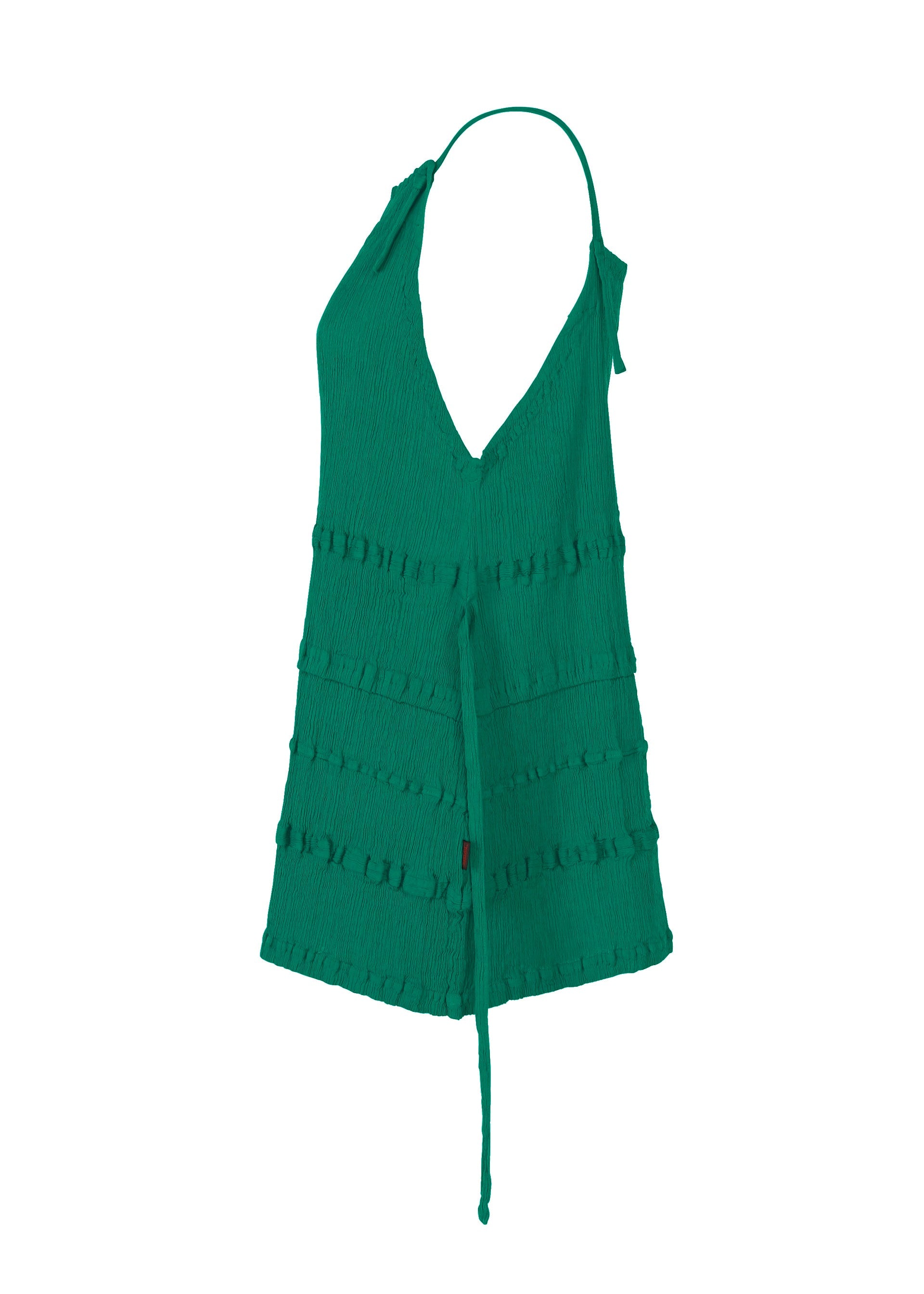 Zoomed view The KYO CHIJIMI TSUCHIKABE by HaaT is a green sleeveless halter neck top with a deep V-neck, textured crepe-like fabric, horizontal ruffles, front tie detail, and an asymmetrical hemline.
