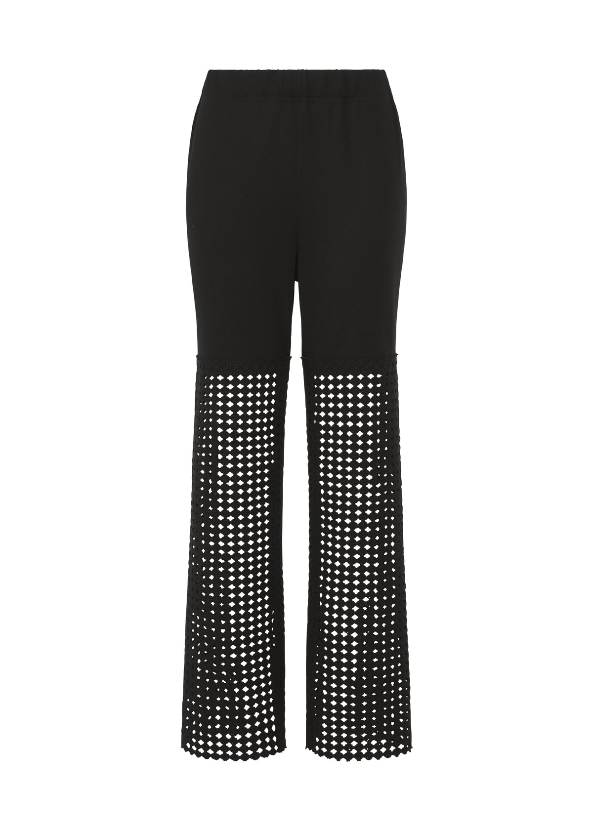 Zoomed view LACY UNDER by HaaT: Black stretch pants with solid ponte jersey from waist to above knees and open crochet from knees to ankles. Features a straight-leg fit and elastic waistband. - BLACK （no.15）