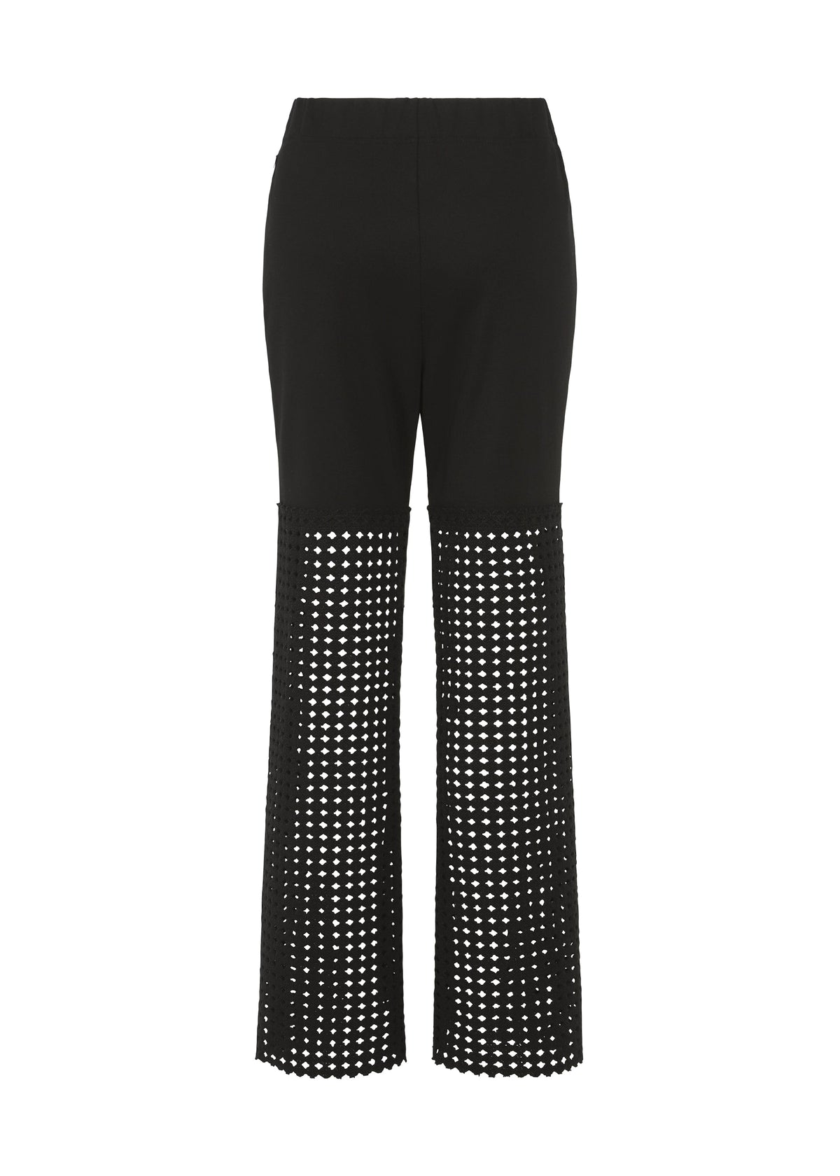 LACY UNDER by HaaT: Black stretch pants with solid ponte jersey from waist to mid-thigh, then wide-leg open-weave mesh with chemical lace embroidery down to hem. Shown on a white background. view 2 of 6