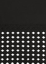 The LACY UNDER by HaaT features black ponte jersey with a honeycomb texture and diamond-shaped cutout mesh over white—ideal for chic, stretchy pants.