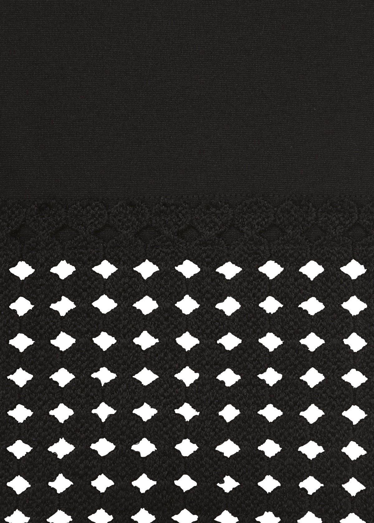 Zoomed view The LACY UNDER by HaaT features black ponte jersey with a honeycomb texture and diamond-shaped cutout mesh over white—ideal for chic, stretchy pants.