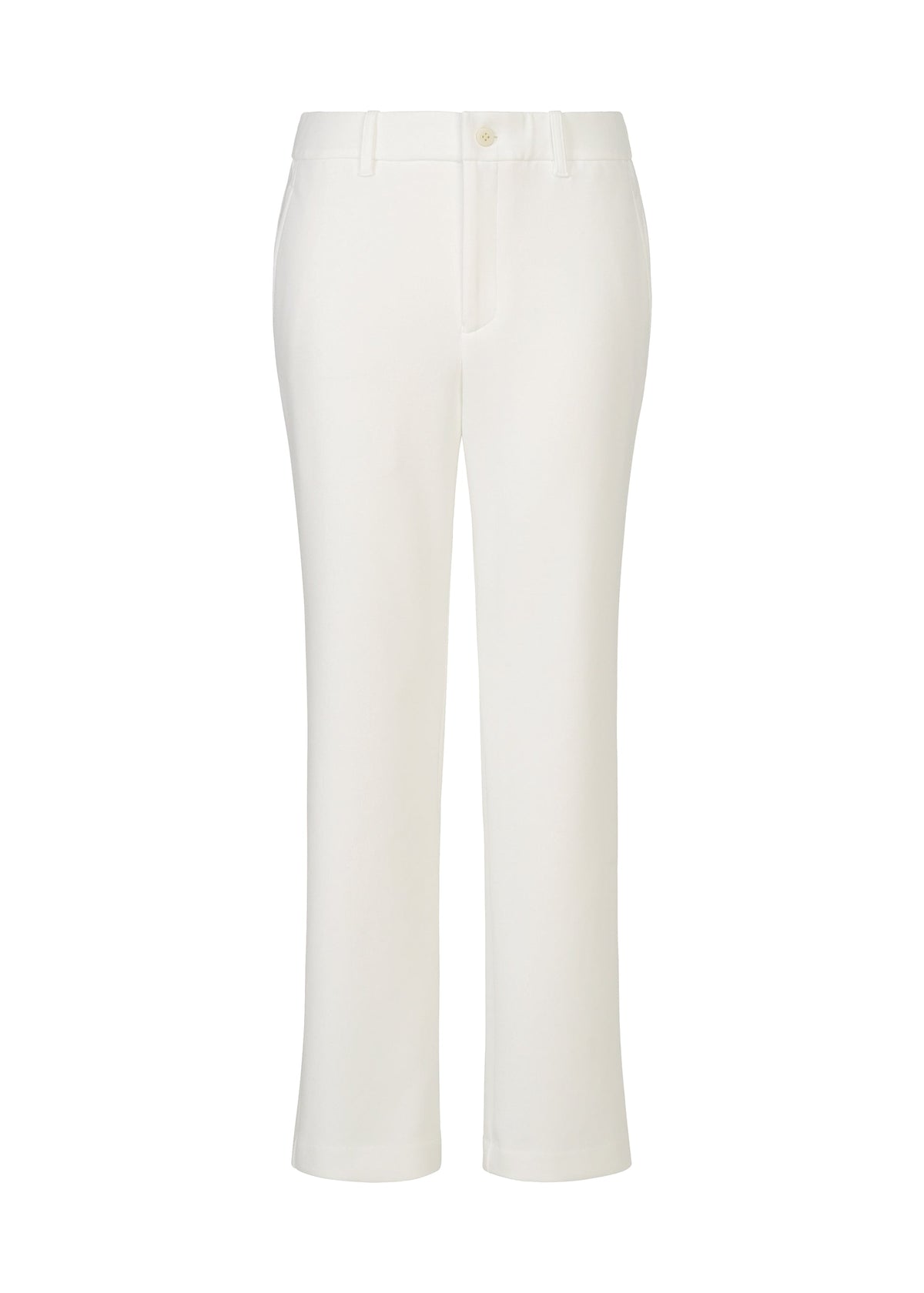 The HaaT PONTE JERSEY women's white pants feature a straight-leg cut, mid-rise waist, belt loops, side pockets, and a button-zip front in soft rayon-blend jersey for comfort, shown on a plain white background. view 1 of 8