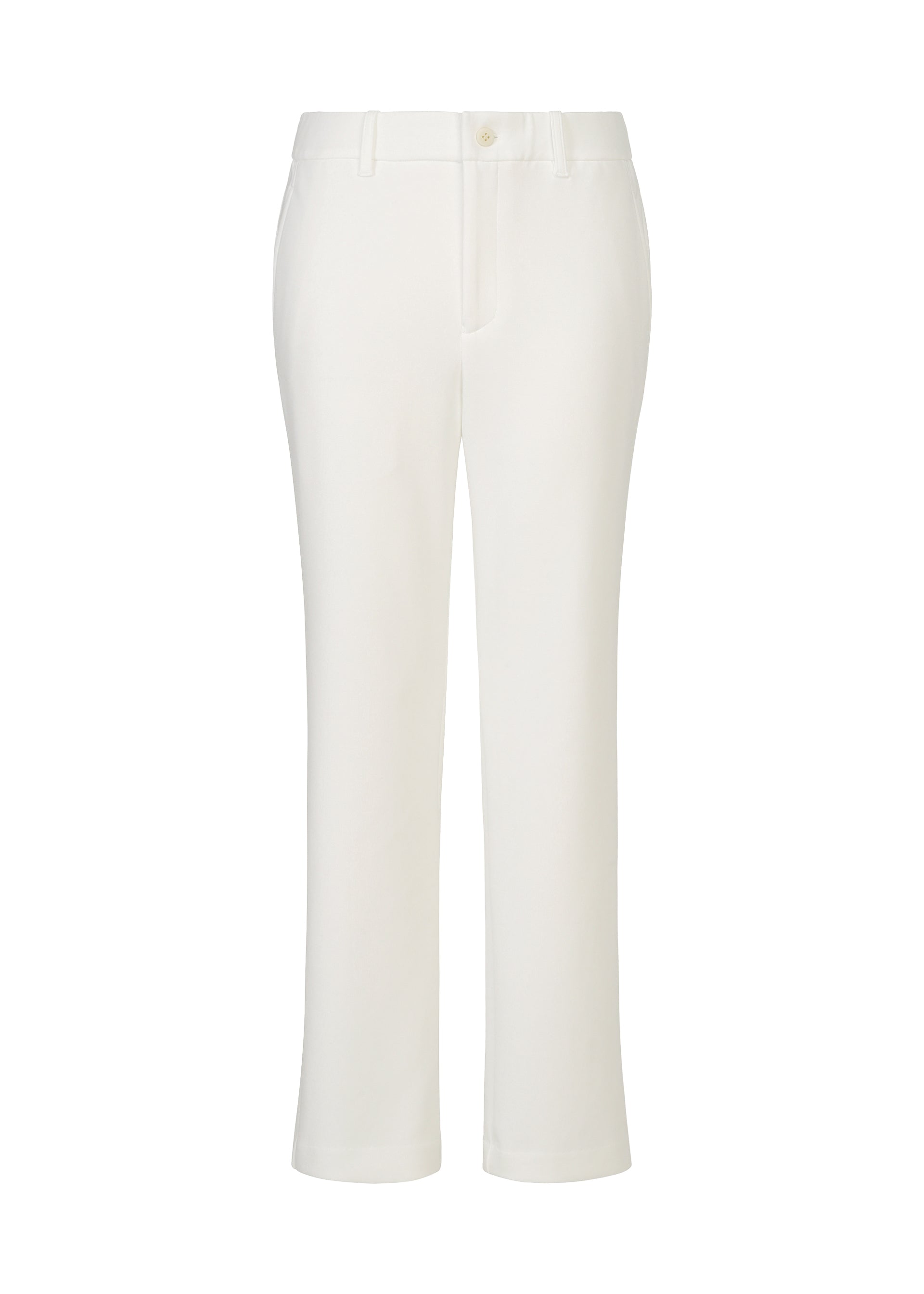 Zoomed view The HaaT PONTE JERSEY women's white pants feature a straight-leg cut, mid-rise waist, belt loops, side pockets, and a button-zip front in soft rayon-blend jersey for comfort, shown on a plain white background. - WHITE （no.01）