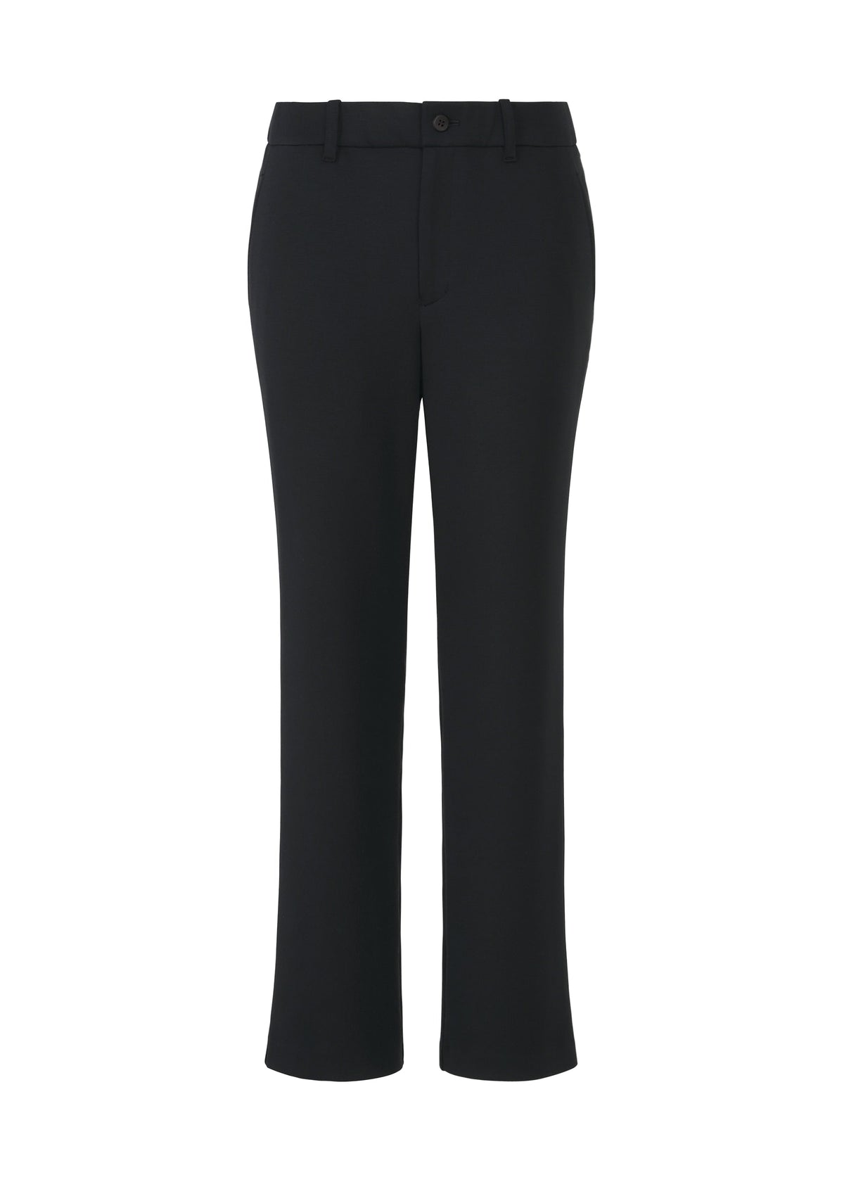 The HaaT PONTE JERSEY is a pair of black, straight-leg dress pants made from a rayon-blend jersey for relaxed comfort, featuring belt loops and a button closure, shown against a white background. view 2 of 8