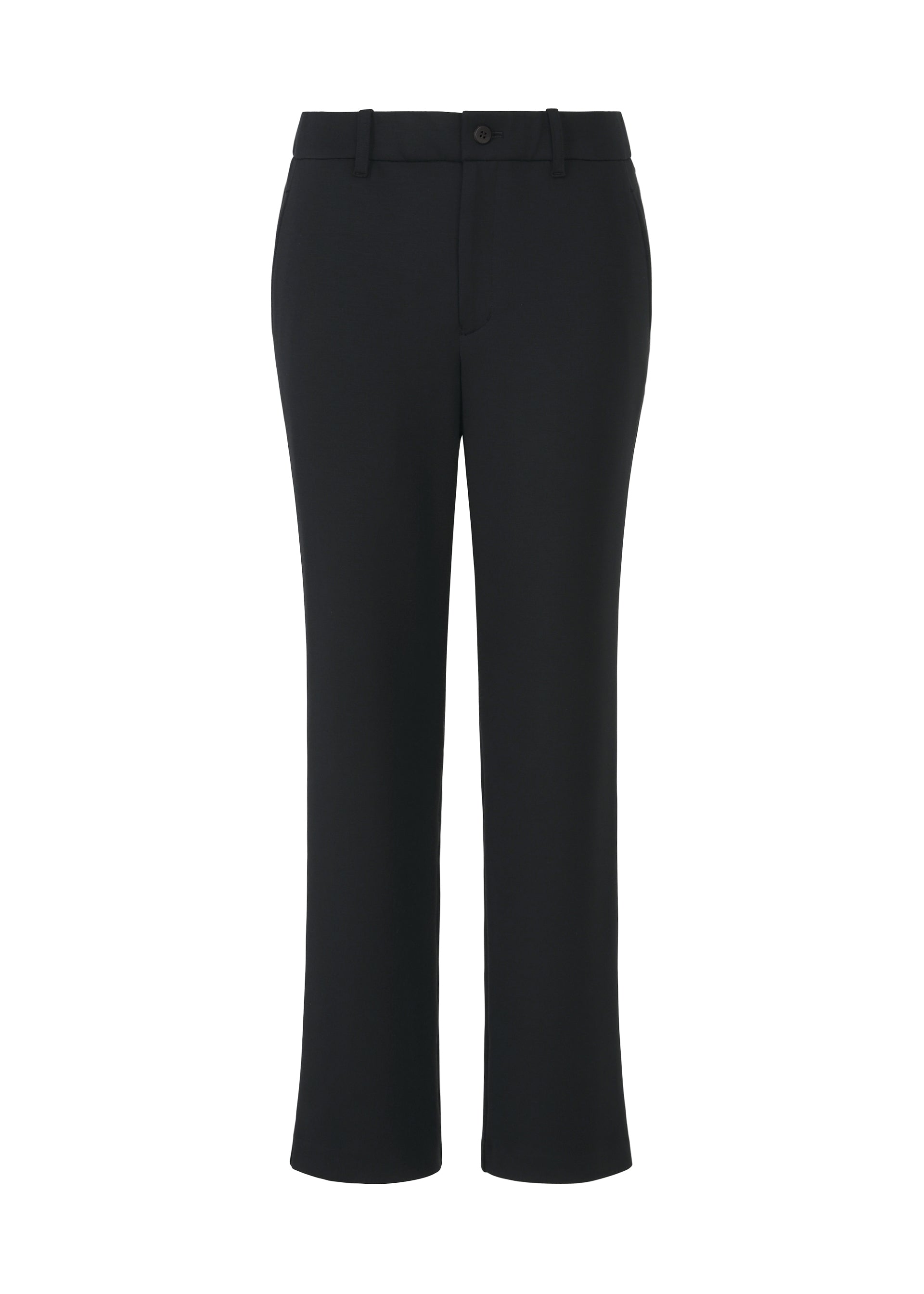 Zoomed view The HaaT PONTE JERSEY is a pair of black, straight-leg dress pants made from a rayon-blend jersey for relaxed comfort, featuring belt loops and a button closure, shown against a white background. - BLACK （no.15）