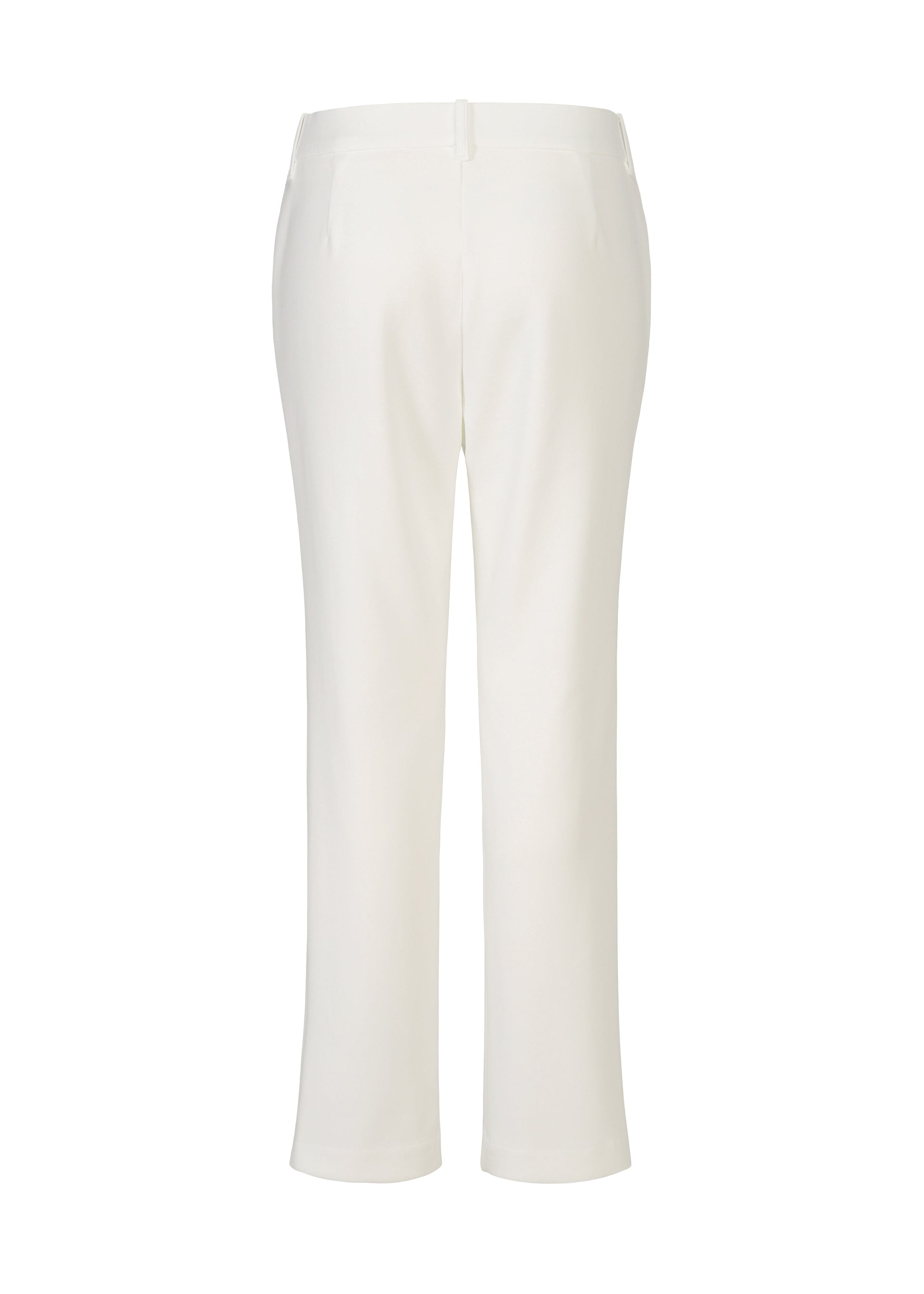 Zoomed view Back view of HaaT PONTE JERSEY white straight-leg pants in soft rayon-blend jersey, shown on a plain white background. These pants offer relaxed comfort with a clean, tailored look and subtle waistband and pocket details.