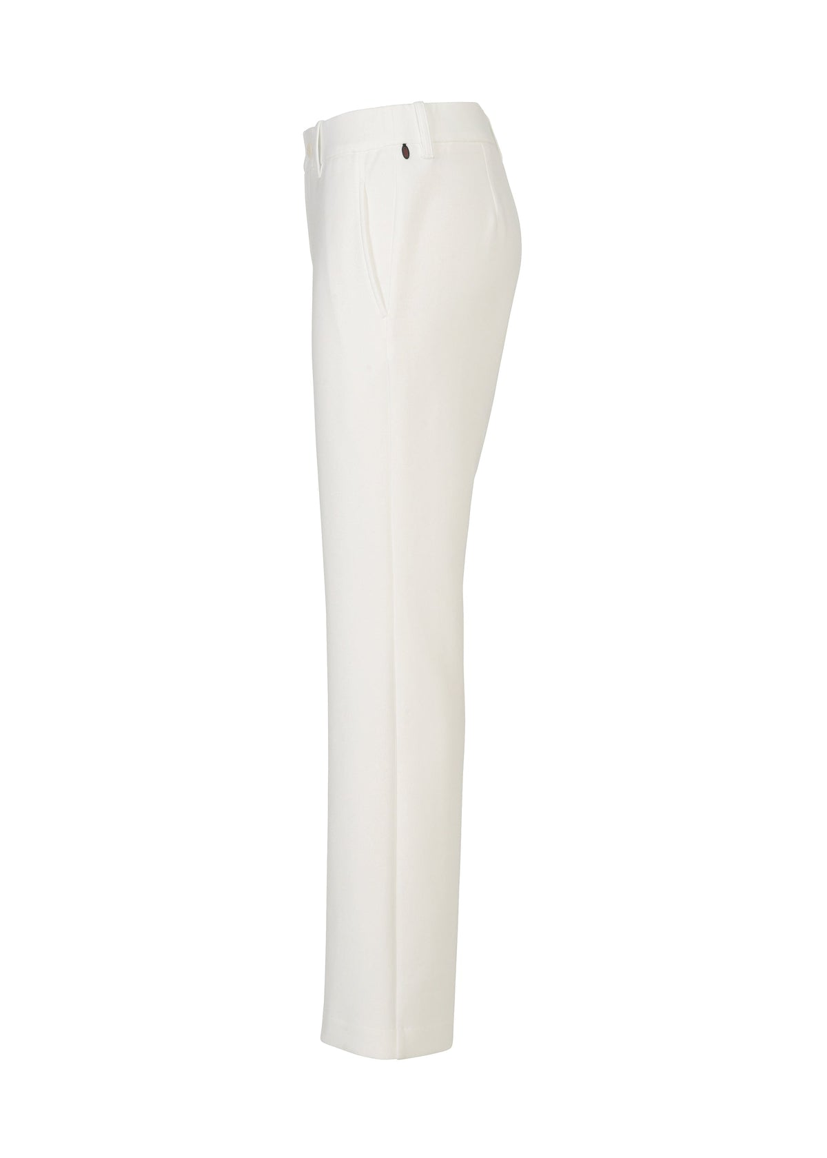 Side view of HaaT's PONTE JERSEY: white, straight-leg pants in soft rayon-blend jersey with side pockets and belt loops, offering relaxed comfort against a plain white background. view 4 of 8