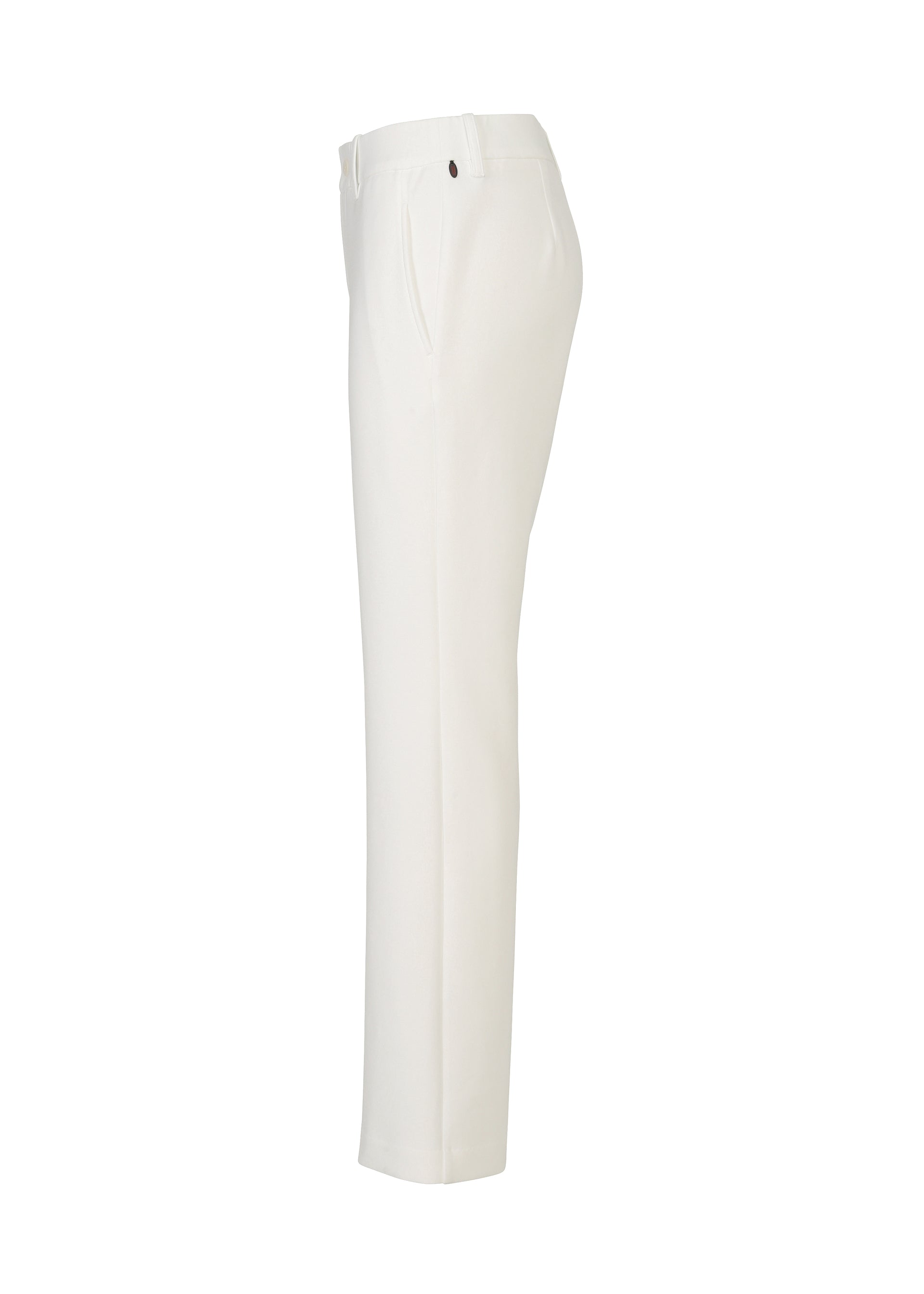 Zoomed view Side view of HaaT's PONTE JERSEY: white, straight-leg pants in soft rayon-blend jersey with side pockets and belt loops, offering relaxed comfort against a plain white background.