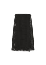 LACY UNDER by HaaT: a black, knee-length wrap skirt with a high-density mesh-like perforated pattern, shown on a plain white background.