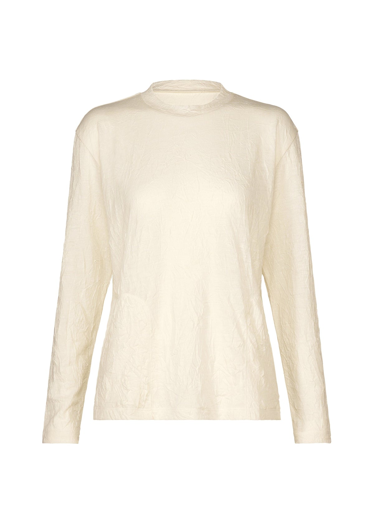 The HaaT W/P WASHER is a long-sleeved, off-white round-neck top crafted from polyester wool jersey with a slightly wrinkled finish, displayed on a plain white background. view 1 of 8