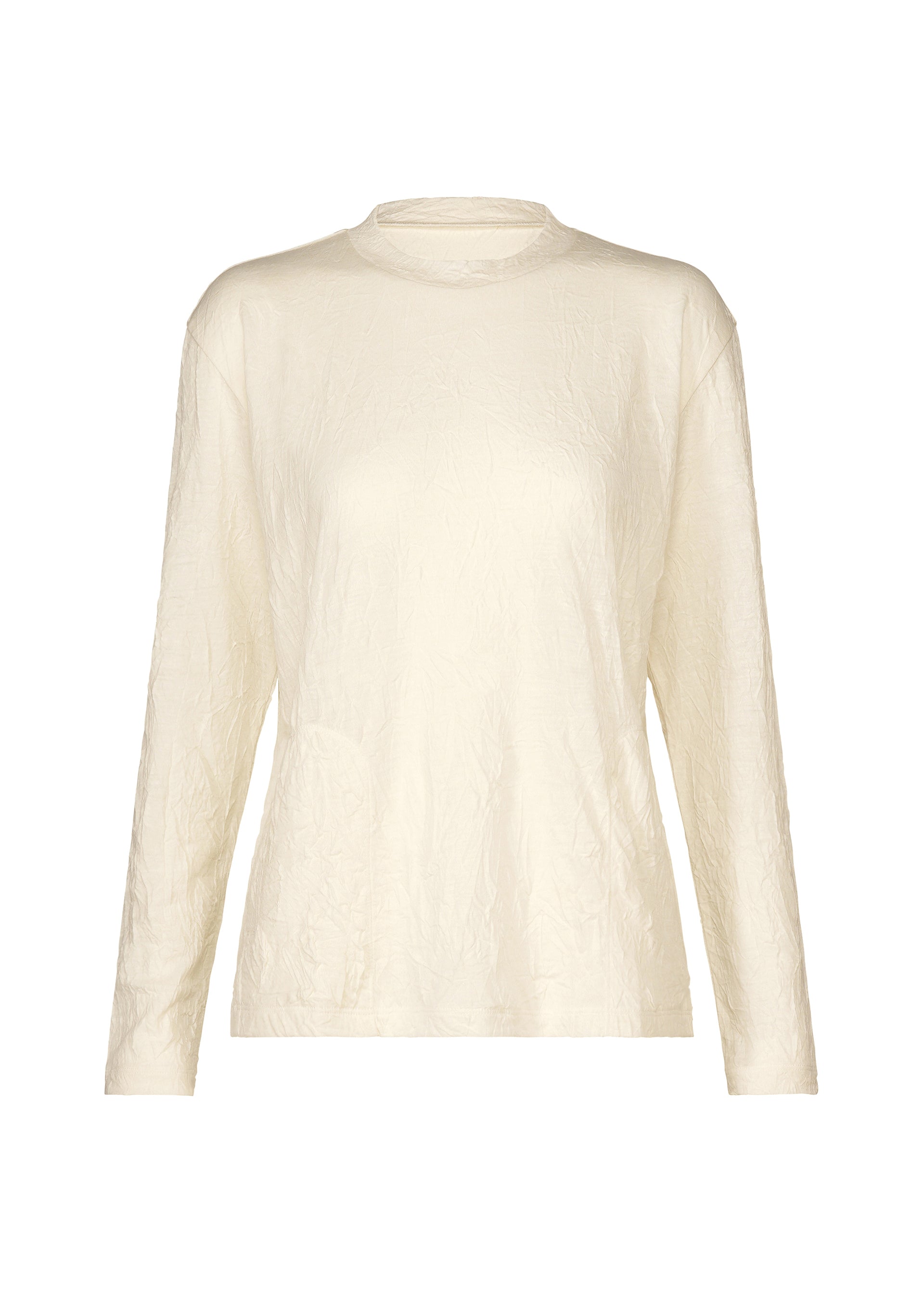 Zoomed view The HaaT W/P WASHER is a long-sleeved, off-white round-neck top crafted from polyester wool jersey with a slightly wrinkled finish, displayed on a plain white background. - WHITE （no.01）