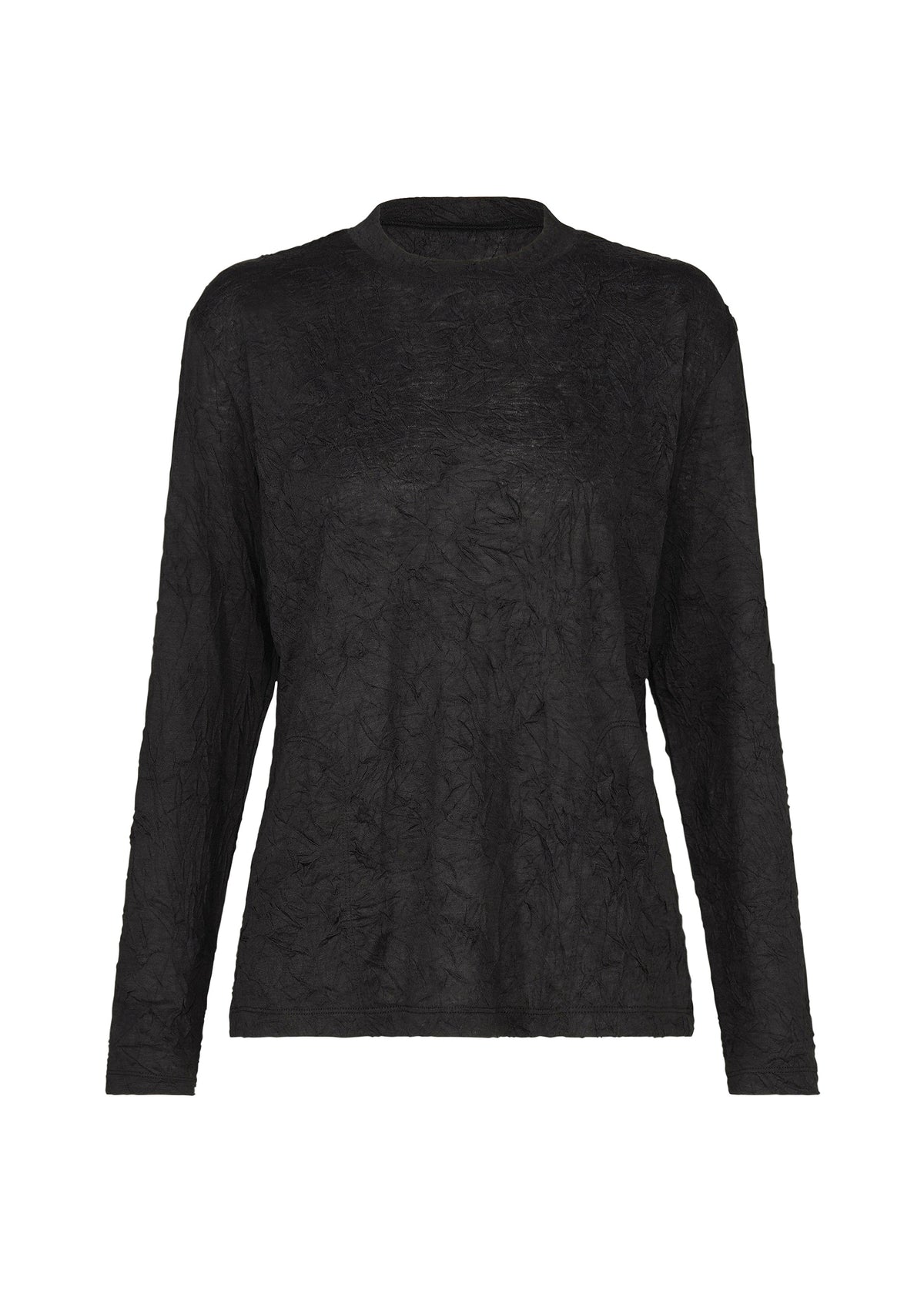 The HaaT W/P WASHER is a black, long-sleeve top crafted from textured, crinkled fabric with a distinct wrinkled finish. Designed with a relaxed fit and a crew neckline, this round-neck shirt is showcased against a white background. view 2 of 8