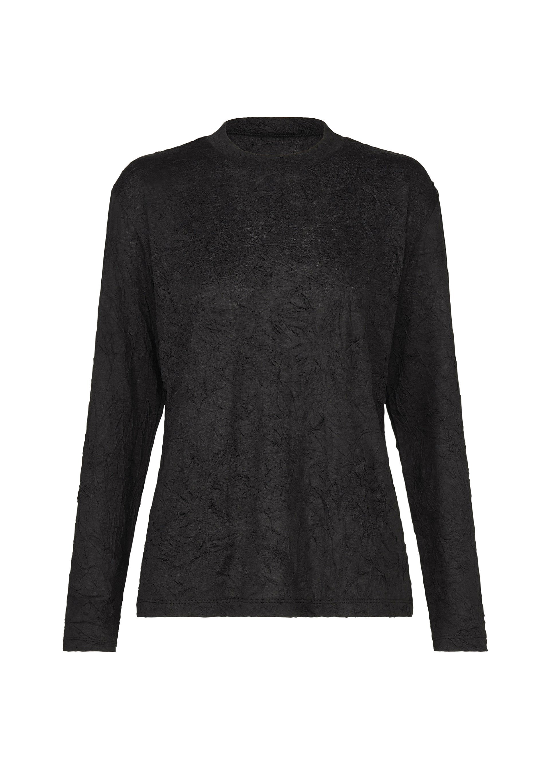 Zoomed view The HaaT W/P WASHER is a black, long-sleeve top crafted from textured, crinkled fabric with a distinct wrinkled finish. Designed with a relaxed fit and a crew neckline, this round-neck shirt is showcased against a white background. - BLACK （no.15）