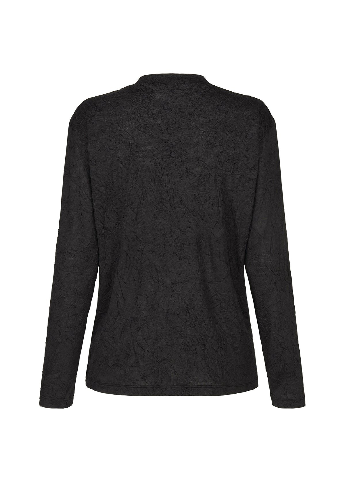 Back view of the HaaT W/P WASHER—a black round-neck, long-sleeved top featuring a subtle crinkled pattern and wrinkled finish, crafted from polyester wool jersey—displayed against a plain white background. view 3 of 8
