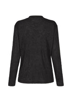Back view of the HaaT W/P WASHER—a black round-neck, long-sleeved top featuring a subtle crinkled pattern and wrinkled finish, crafted from polyester wool jersey—displayed against a plain white background.