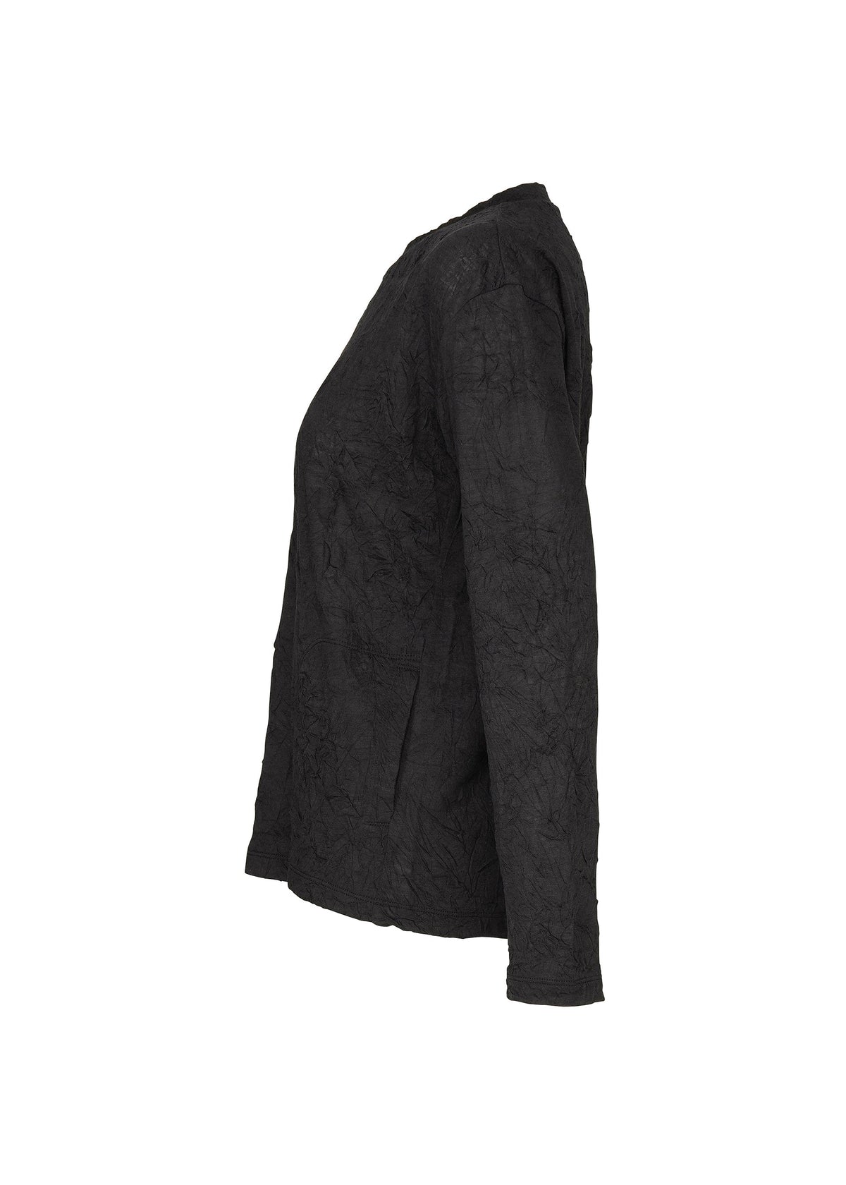 A black long-sleeve textured jacket from HaaT, named the W/P WASHER, is displayed in side profile against a white background. Crafted from polyester wool jersey, it features a wrinkled finish and a subtle round-neck long-sleeved top design, with no visible fasteners or embellishments—lending understated sophistication to the piece. view 4 of 8