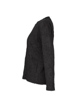A black long-sleeve textured jacket from HaaT, named the W/P WASHER, is displayed in side profile against a white background. Crafted from polyester wool jersey, it features a wrinkled finish and a subtle round-neck long-sleeved top design, with no visible fasteners or embellishments—lending understated sophistication to the piece.