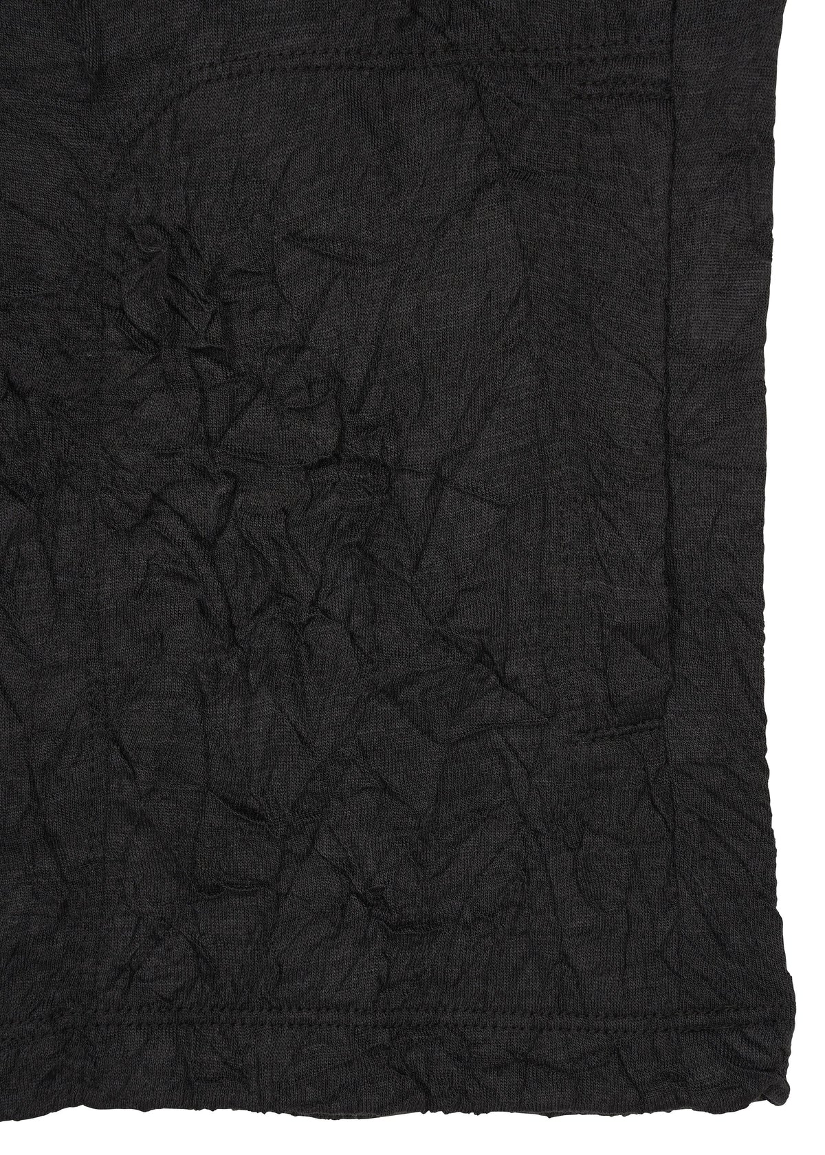A piece of black W/P WASHER fabric by HaaT, characterized by its distinct wrinkled finish and visible creases and texture. The material evokes the appearance of a round-neck long-sleeved top in soft polyester wool jersey, covering most of the image while extending off the right and lower edges. view 5 of 8