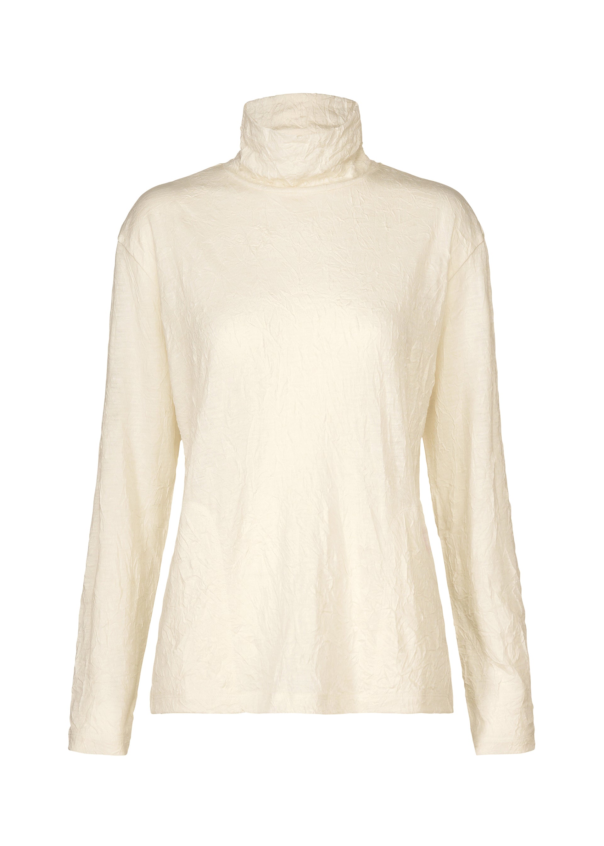 Zoomed view The HaaT W/P WASHER is a cream-colored, long-sleeve high-neck top crafted from slightly textured wool jersey fabric, shown against a plain white background. - WHITE （no.01）