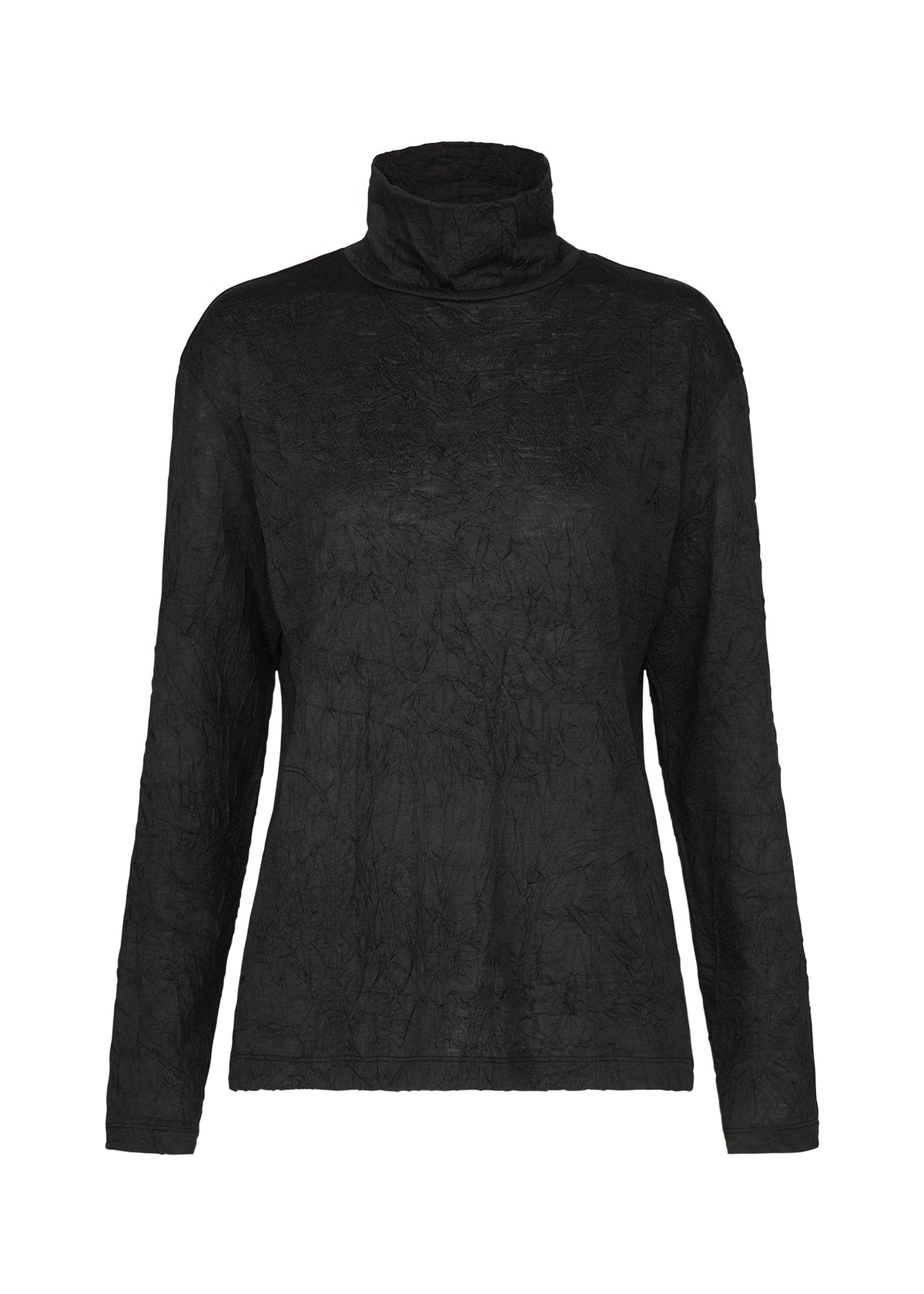 The HaaT W/P WASHER is a black long-sleeve turtleneck shirt crafted from a textured, slightly wrinkled wool jersey fabric. Displayed on a plain white background, the front view highlights its high-neck design. view 2 of 8