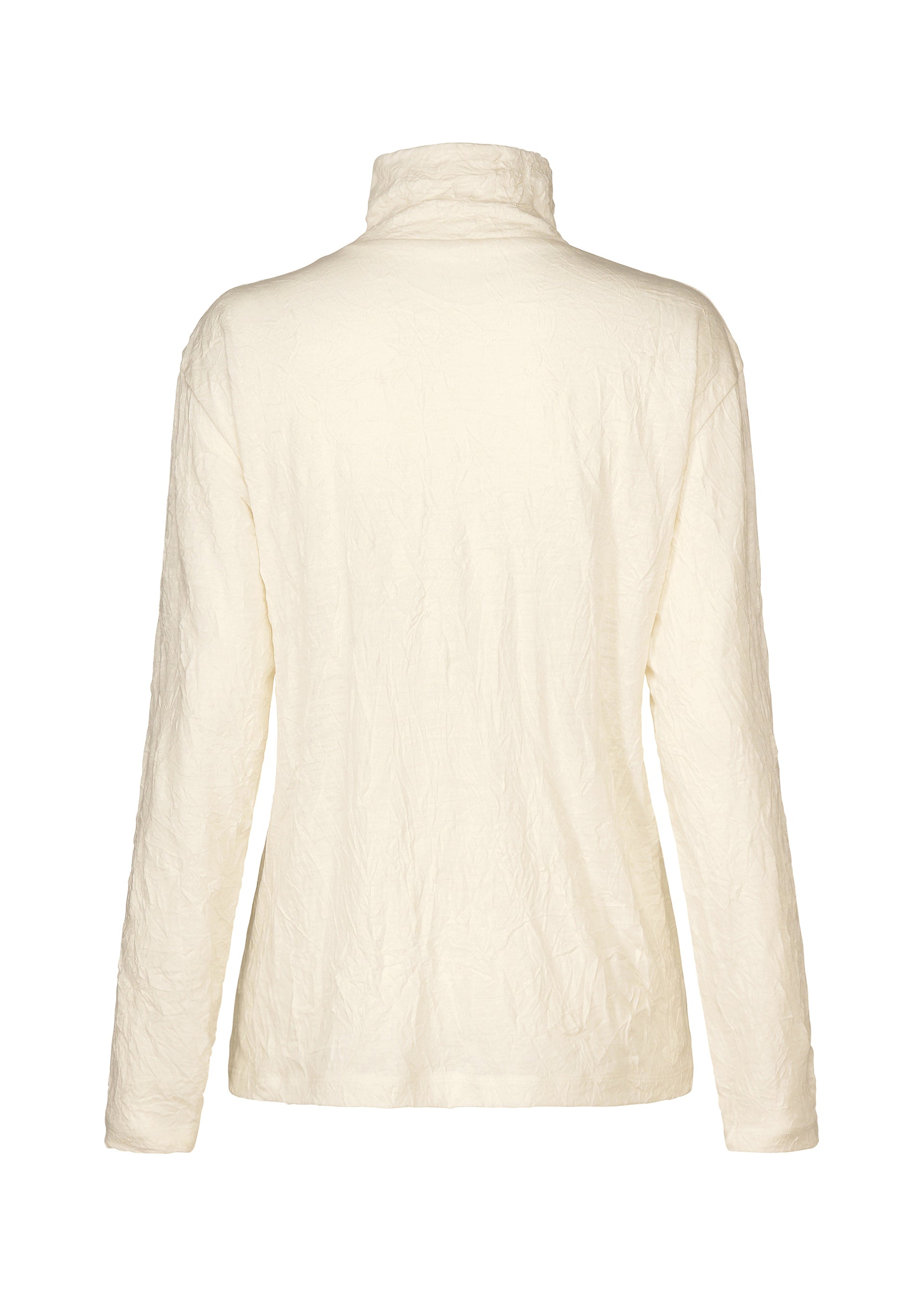 Zoomed view Back view of the HaaT W/P WASHER long-sleeved wool jersey turtleneck top in off-white, featuring a subtle crinkled texture, shown on a plain white background.