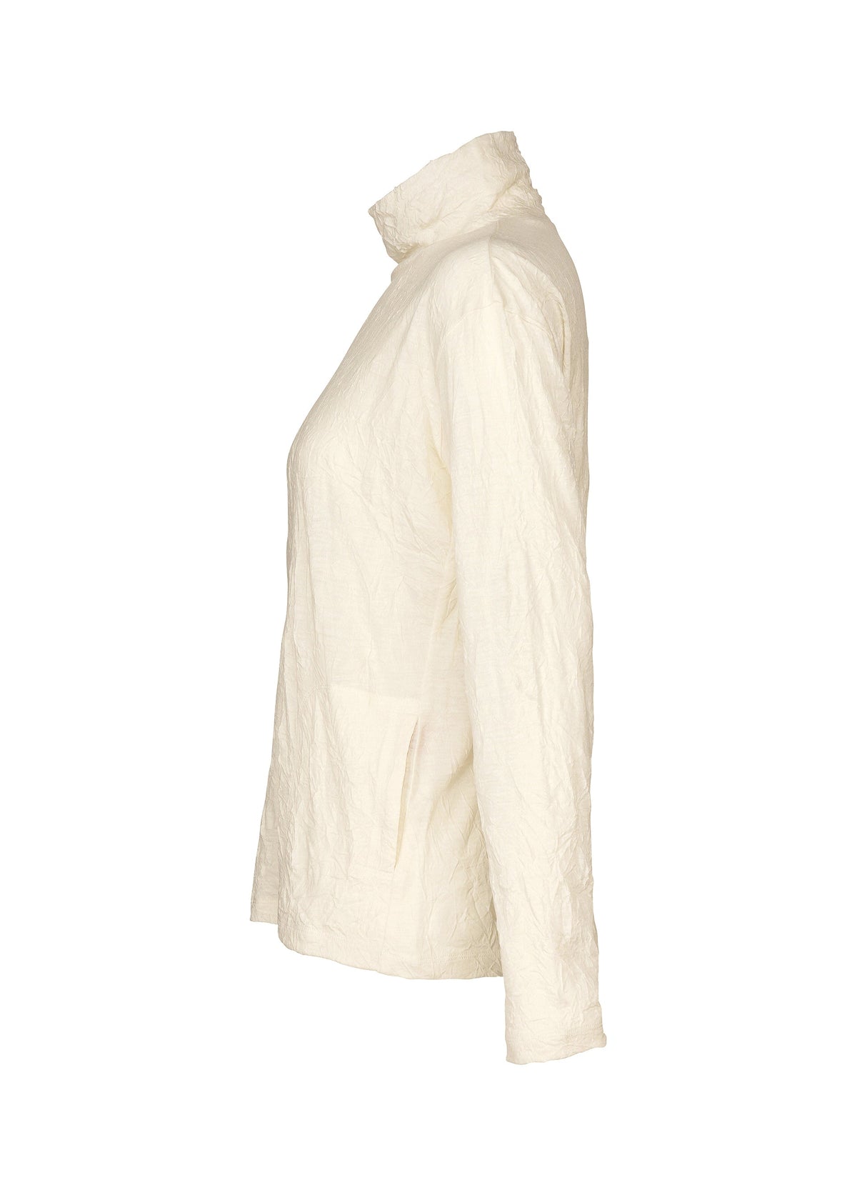 The HaaT W/P WASHER jacket is displayed in a cream color, featuring long sleeves and a high collar reminiscent of an elegant high-neck top. Shown from the side against a white background, this lightweight piece has a subtly wrinkled texture and includes a convenient side pocket. view 4 of 8