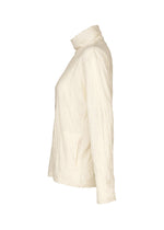 The HaaT W/P WASHER jacket is displayed in a cream color, featuring long sleeves and a high collar reminiscent of an elegant high-neck top. Shown from the side against a white background, this lightweight piece has a subtly wrinkled texture and includes a convenient side pocket.