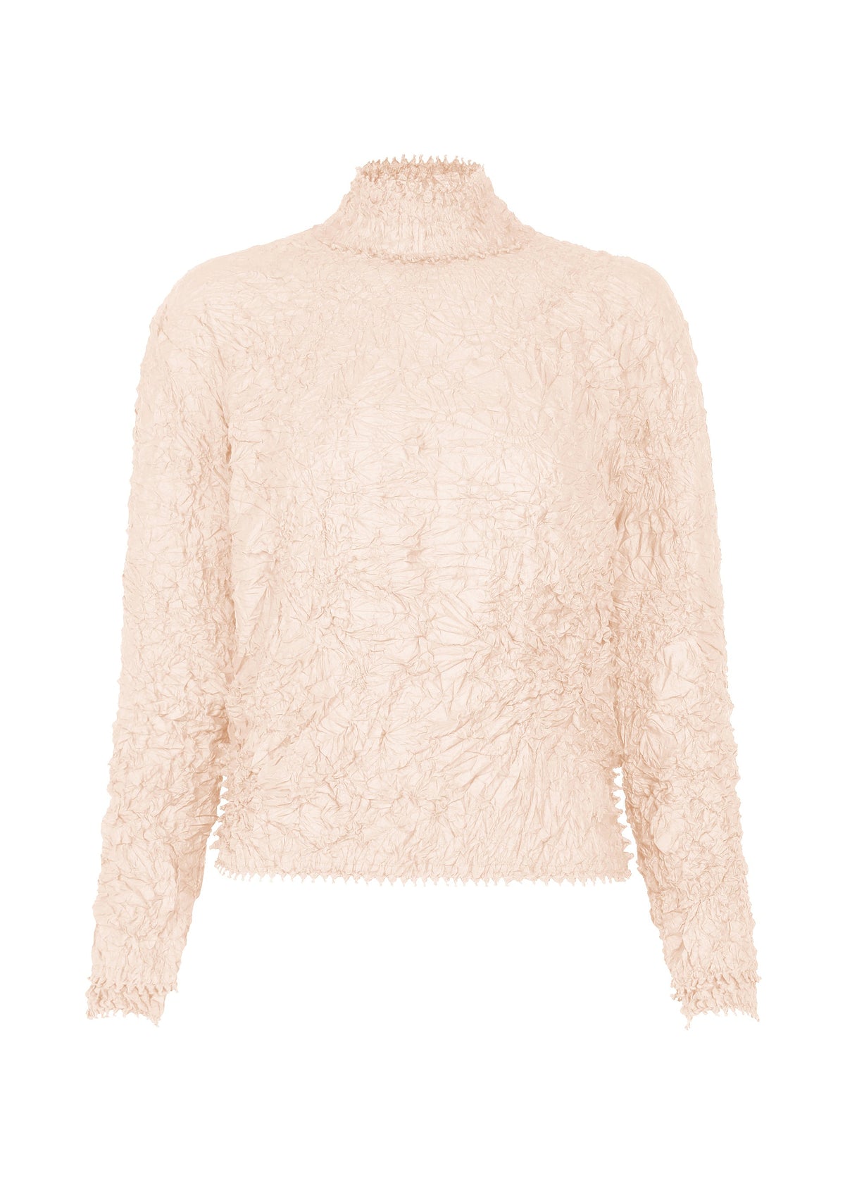 Zoomed view The KUMO SHIBORI by HaaT is a light beige, long-sleeve high-neck top in crinkled tricot jersey with a ruffled pattern and a slightly loose fit, inspired by traditional Shibori techniques. No visible fasteners or embellishments. - IVORY （no.03）