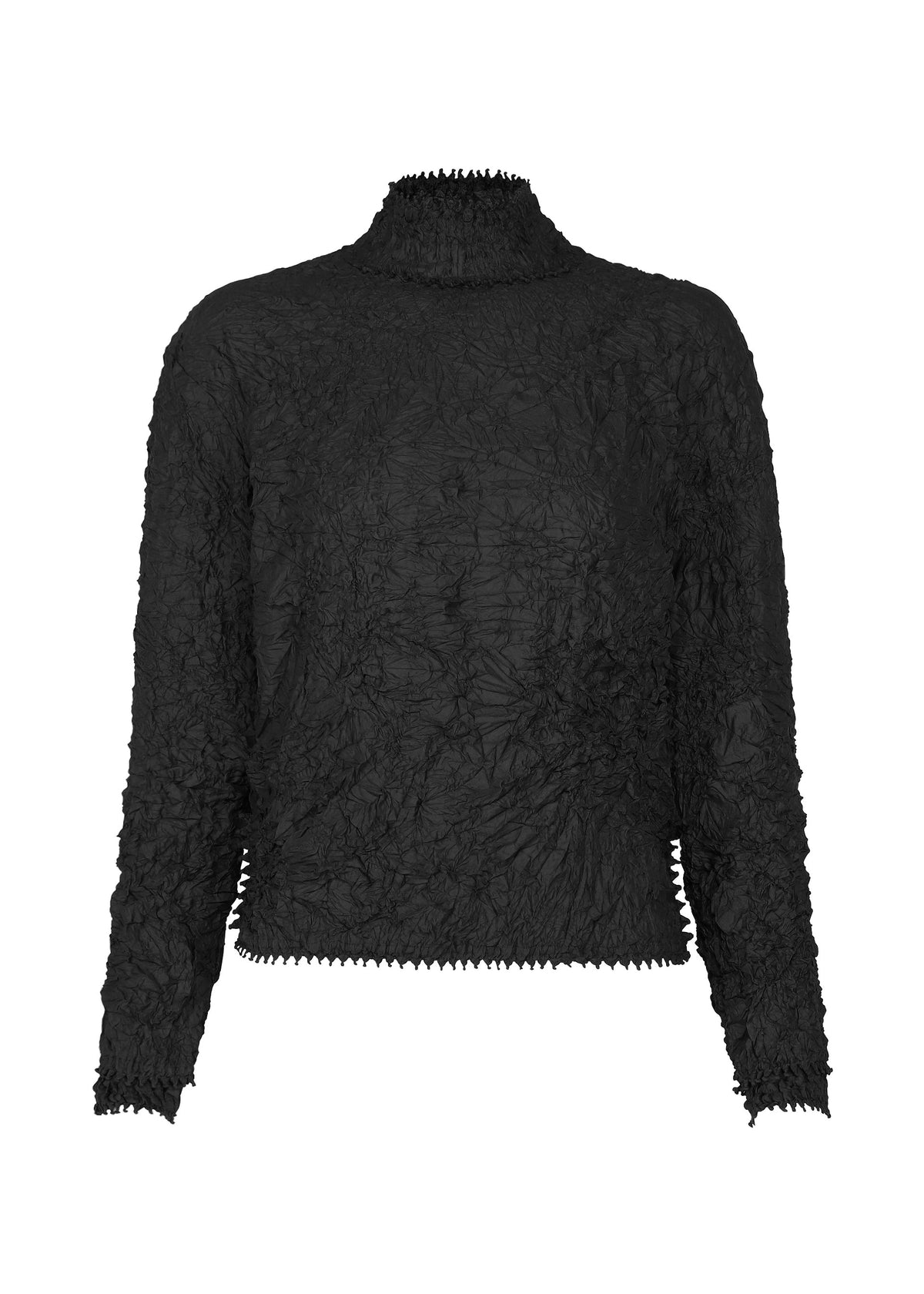 Zoomed view The HaaT KUMO SHIBORI is a textured black high-neck top with a crinkled, gathered design, fitted silhouette, and subtle jagged edges at the hem, cuffs, and collar. - BLACK （no.15）