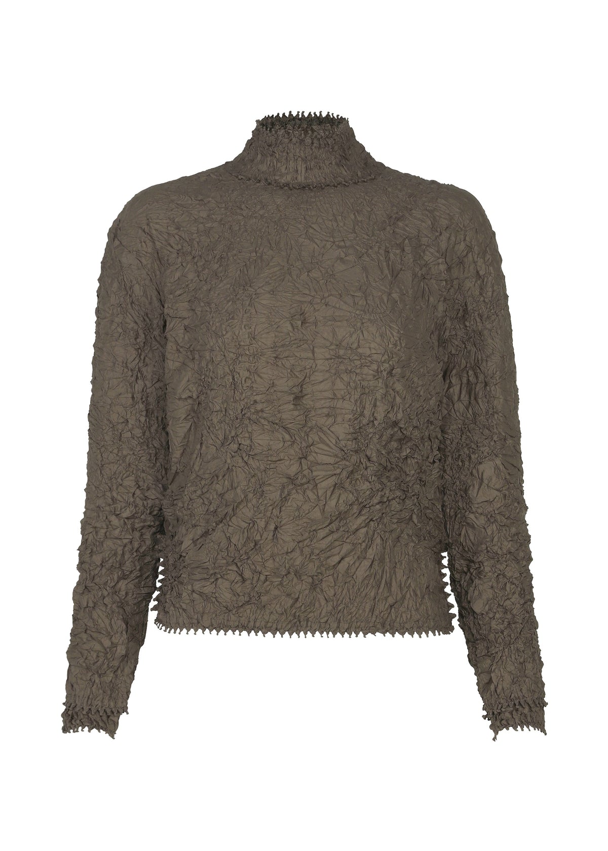 The KUMO SHIBORI by HaaT is a long-sleeve, taupe high-neck top in tricot jersey with a crinkled, ruched texture and a slightly cropped hem for added dimension. view 3 of 10