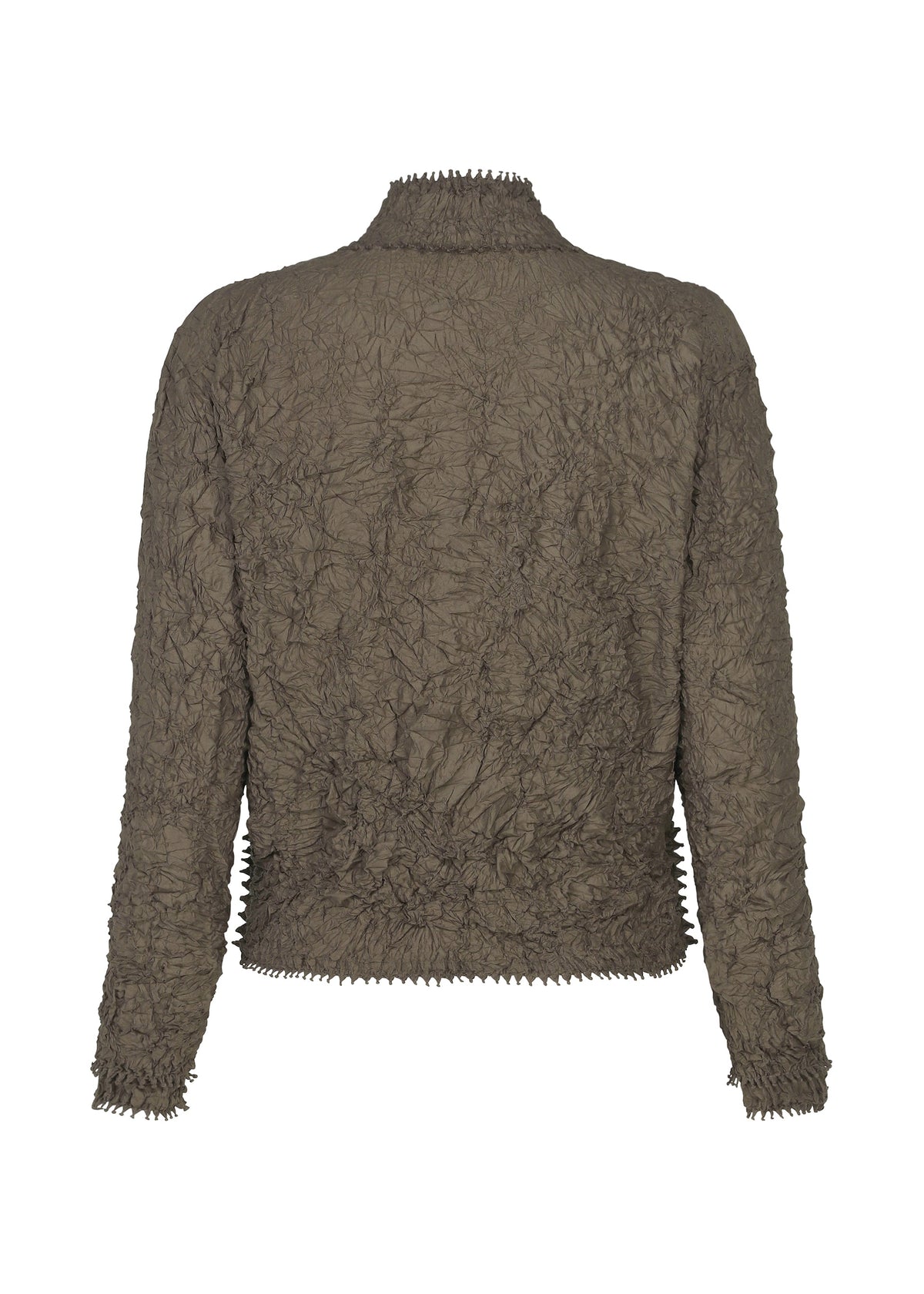 The HaaT KUMO SHIBORI is a long-sleeve, textured brown jacket with a crinkled, kumo shibori-inspired look, featuring a unique gathered finish and subtly ruffled edges, without visible fasteners or embellishments. view 4 of 10