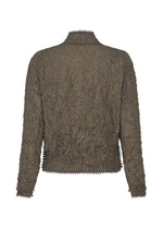 The HaaT KUMO SHIBORI is a long-sleeve, textured brown jacket with a crinkled, kumo shibori-inspired look, featuring a unique gathered finish and subtly ruffled edges, without visible fasteners or embellishments.