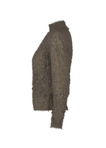 Side view of the KUMO SHIBORI high-neck top by HaaT in textured brown tricot jersey with crinkled, ruched fabric. The fitted silhouette is set against a plain white background.