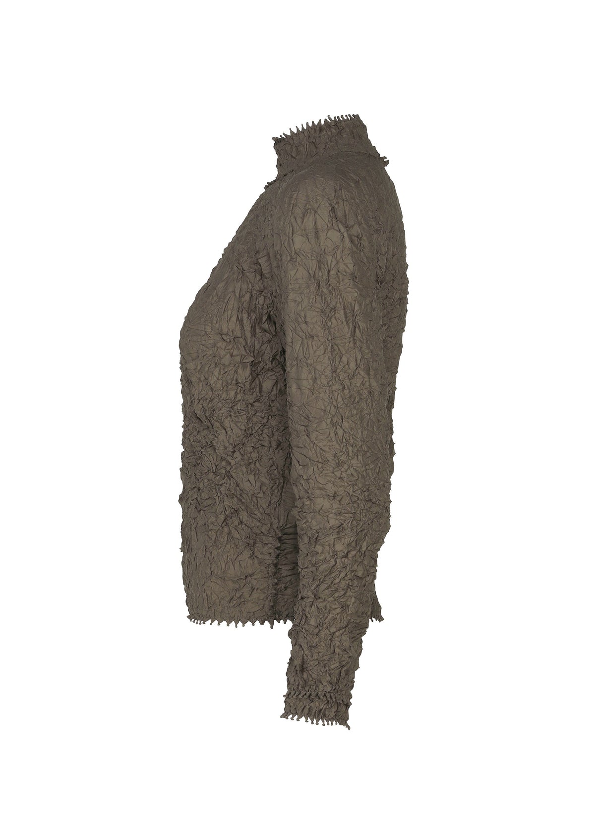 Zoomed view Side view of the KUMO SHIBORI high-neck top by HaaT in textured brown tricot jersey with crinkled, ruched fabric. The fitted silhouette is set against a plain white background.