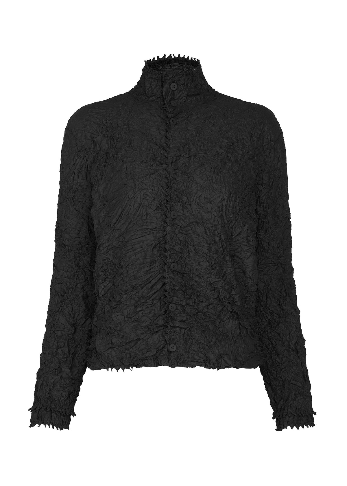The HaaT KUMO SHIBORI is a black, long-sleeve, textured button-up shirt featuring a high collar and crinkled fabric inspired by traditional Kumo Shibori techniques, shown on a white background. view 2 of 11