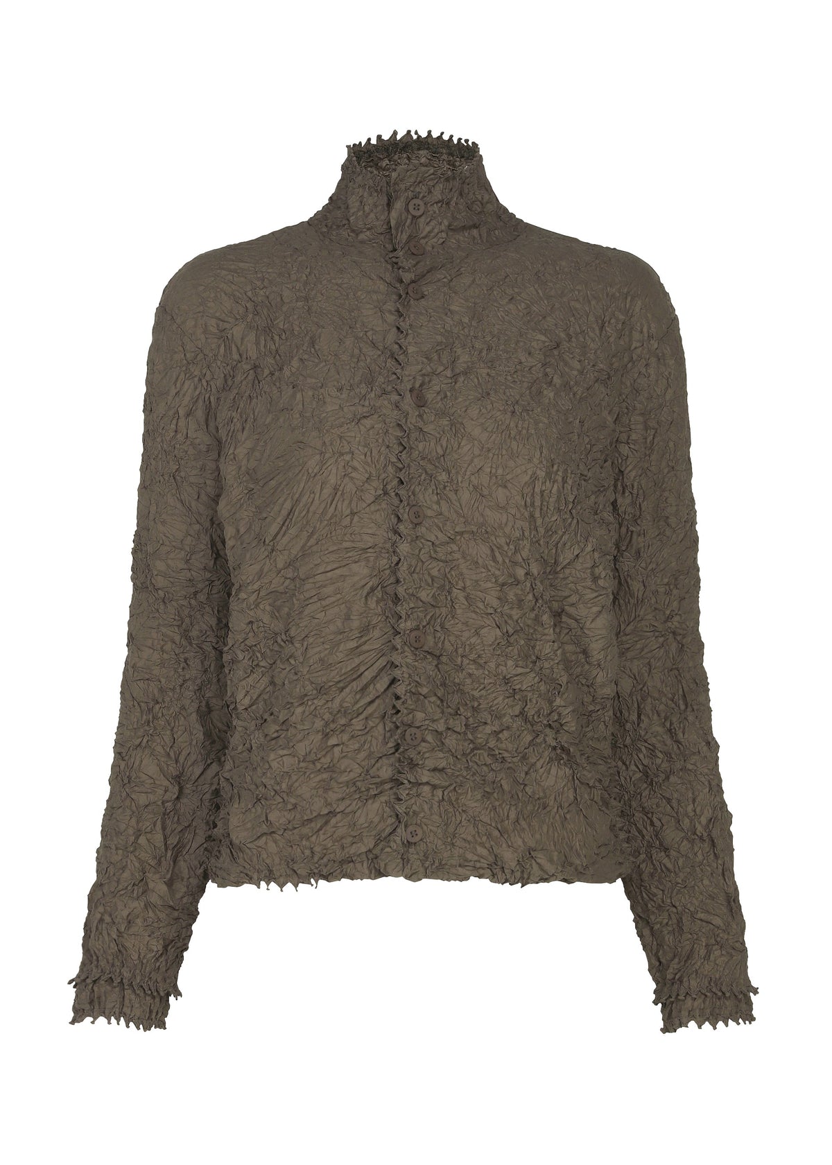 HaaT KUMO SHIBORI: An olive green, long-sleeve jacket with crinkled texture, high collar, and button-up front, inspired by traditional Kumo Shibori techniques. Displayed on a plain white background. view 3 of 11