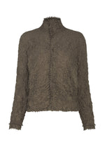 HaaT KUMO SHIBORI: An olive green, long-sleeve jacket with crinkled texture, high collar, and button-up front, inspired by traditional Kumo Shibori techniques. Displayed on a plain white background. - BROWN （no.44）