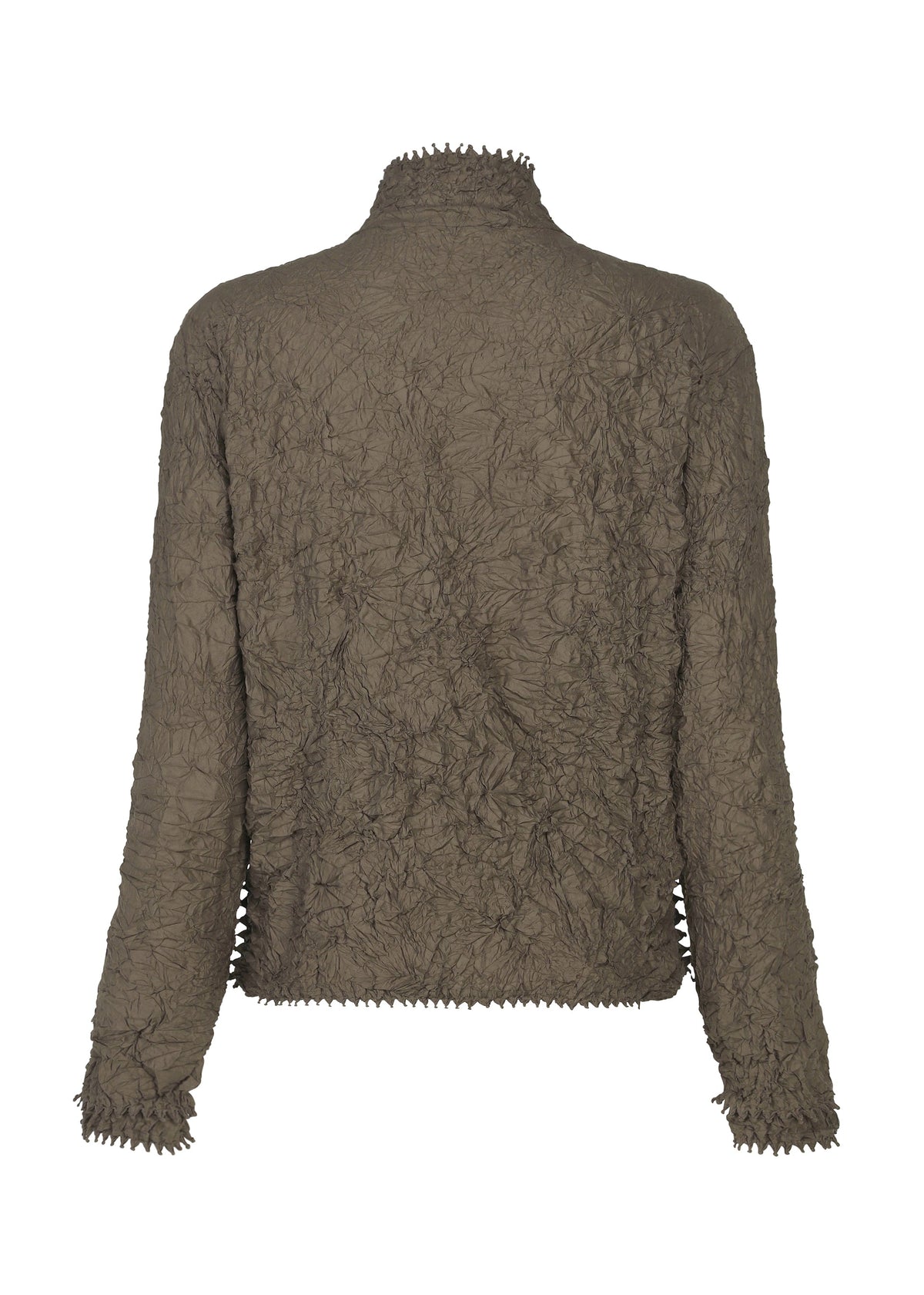 The KUMO SHIBORI by HaaT is a textured, brown, long-sleeve high-neck cardigan with a crinkled look and ruched details. Small ruffles accent the cuffs and hem for a unique touch. view 4 of 11