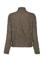 The KUMO SHIBORI by HaaT is a textured, brown, long-sleeve high-neck cardigan with a crinkled look and ruched details. Small ruffles accent the cuffs and hem for a unique touch.
